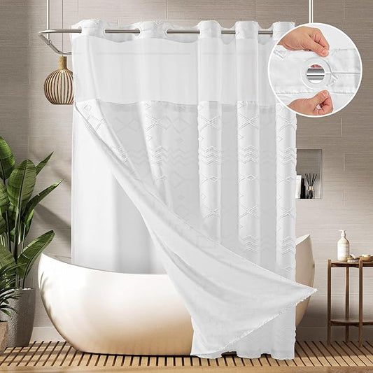 Long No Hook Tufted Chevron Striped Shower Curtain with Snap-in PEVA Liner Set - 72" x 86", Hotel Style with See Through Top Window, Water Repellent Fabric Shower Curtain White