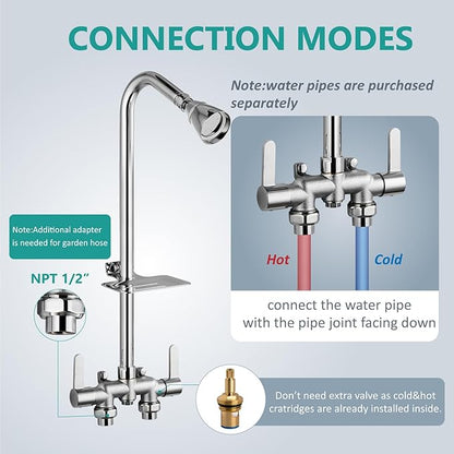 Aolemi Outdoor Shower Fixtures,Outdoor Shower Kit Faucet System 3 Inch Center with Showerhead 2 Handle Exposed Shower with Brass Mix Valve Pipe Downward with Soap Dish Polish Chrome