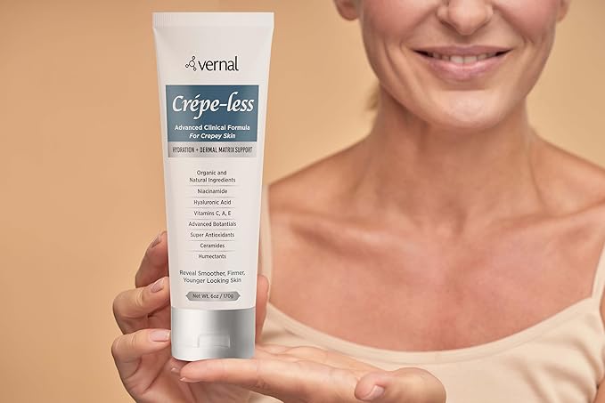 Vernal Crepe-less skin firming cream to reduce crepey arms, neck & hands. Organic tightening cream to reduce thin dry wrinkled skin. Best moisturizer to treat dry thin arms. Made in USA (6 Oz)
