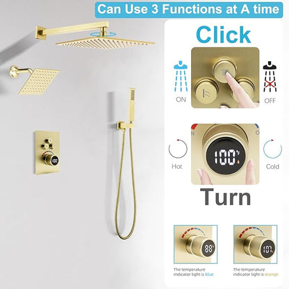 Digital Display Dual Head Shower system Rain Shower System Shower Wall Mount 10 Inch Ceiling Shower Head with 6 Inch Shower Head with shower handheld(Brushed Gold)