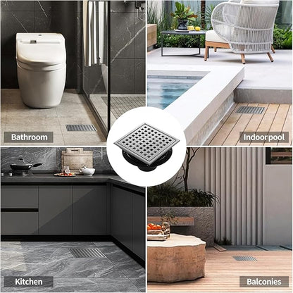 Shower Drain, Chrome 6 inch Square Shower Floor Drain with Flange, Silver Removeable Grid Panel SUS 304 Stainless Steel Square Shower Drain