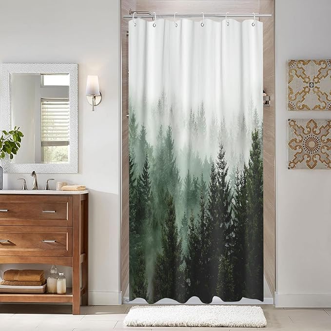 Aipon Green Misty Forest Shower Curtain Nature Tree Shower Curtain Set Dark Green Fabric Waterproof Shower Curtains for Bathroom Decor (36'' × 72'', Green4)