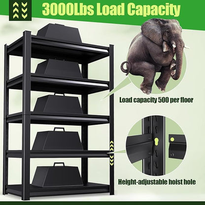 Garage Shelving,Heavy Duty Garage Storage Shelves,Metal Shelving Unit,5 Tier Adjustable Steel Utility Shelf,Use for Basement,Warehouse, Pantry Closet,Black (Steel-72 H*35.4" W*12" D)