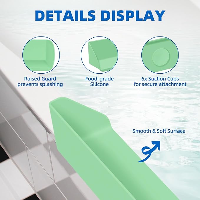 Splash Guard for Bathtub, 3.8" x 3.6" Silicone Bath Tub Splash Guard with 6 Suction Cups, Bathtub SplashGuard Play Shelf Area for Kids with 3°Drainage Slope for Faster Drying - Green
