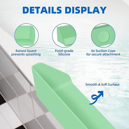 Splash Guard for Bathtub, 3.8" x 3.6" Silicone Bath Tub Splash Guard with 6 Suction Cups, Bathtub SplashGuard Play Shelf Area for Kids with 3°Drainage Slope for Faster Drying - 2 Packs Green
