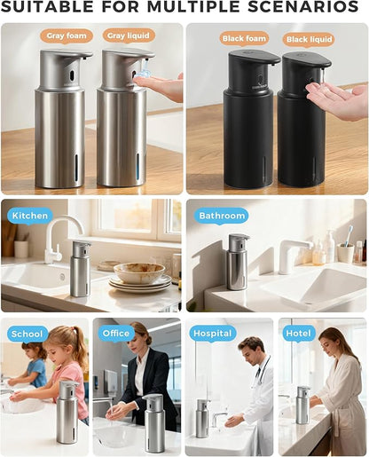 Automatic Liquid Soap Dispenser Touchless, 304 Stainless Steel Bottle Body &16.2oz/480ml Rechargeable, 3 Adjustable Liquid Levels, IPX7 Waterproof, for Kitchen Bathroom, Stainless Steel
