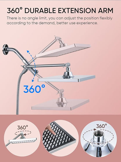 Cobbe 11.8 Inch Rain Shower Head with 6 Modes Handheld Water Spray，High Pressure Showerhead Combo with 11 Inch Adjustable Extension Arm, Chrome
