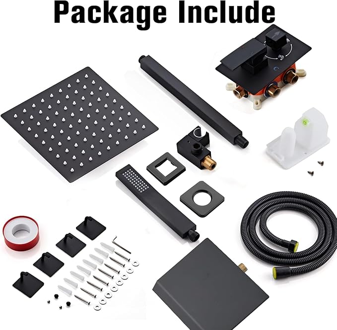 12 Inch Ceiling Mount Shower System Matte Black Rain Mixer Shower Combo Set High Pressure Rainfall Shower Head System Bathroom Luxury Shower Faucet Set Rough-in Valve and Shower Trim Included