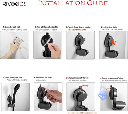 Suction Cup Hand held Shower Head Holder- Reusable - 5 Angles Adjustable - Bathroom Wall Mount Shower Wand Holder - Polished Chrome
