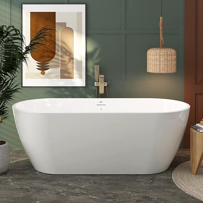 FerdY 67" Bali Elite Acrylic Freestanding Bathtub, Gracefully Shaped Freestanding Soaking Bathtub, cUPC Certified, Toe-Tap Brushed Nickel Drain and Minimalist Linear Design Overflow Included