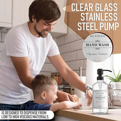 2 Pack Clear Glass Soap Dispenser 16 OZ with Matte Black Stainless Steel Pump, Hand and Dish Soap Dispenser Set for Bathroom and Kitchen Sink with 6 Waterproof Labels