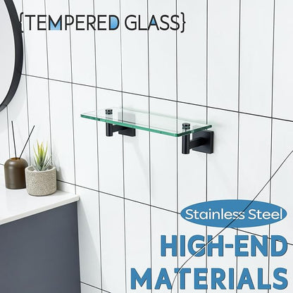 KOKOSIRI Bathroom Shelves Glass Floating Shelf 12-Inch for Bedroom, Living Room, Kitchen, Small Hanging Rack Rustproof Wall Mounted Black B1105BK-L12