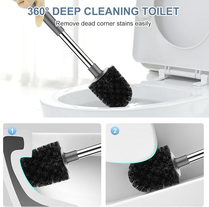 SetSail Toilet Brush and Holder 3 Pack, Self Closing Lid Toilet Bowl Brushes Holder Extra Long Handle Ventilated Toilet Brush Set for Bathroom Cleaning, Nylon Bristles, Grey