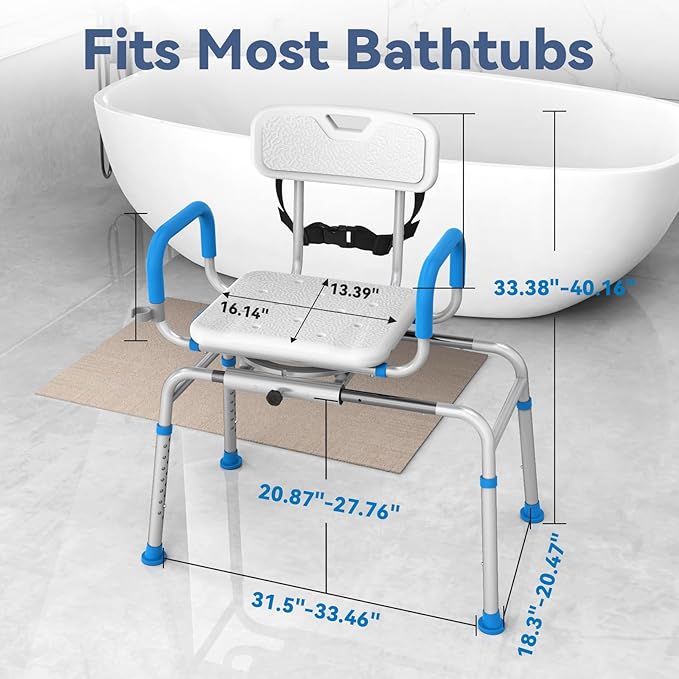 FSA/HSA Eligible Sliding Shower Chair Tub Transfer Bench for Bathtub with Swivel Seat, Shower Bench with Pivoting Arms, Height Adjustable Shower Seat, 350 lbs,White&Blue,Standard