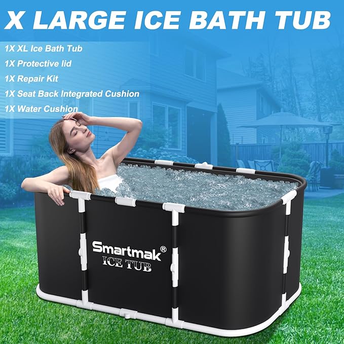 Smartmak Ice Bath Tub with Cover, Portable XL Large Cold Plunge Tub for Athletes, Cold Water Pod Tub Therapy and Recovery, Cold Immersion Training Baths at Home Outdoor Plunge Pool, Black