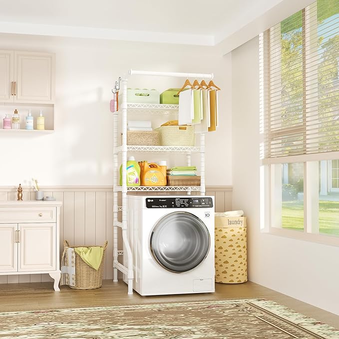 Ulif U11 Mini Over Washer and Dryer Shelves, 3 Tiers Laundry Room Storage and Organizer Standing Shelf, Metal Freestanding Clothes Drying Rack, 28.3”W x 19.7”D x 77.6”H, White