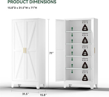 Metal Cabinets with Barn Doors and Adjustable Shelves,71" Tall Storage Cabinet,5-Tier Storage Cupboard for Kitchen,Dining Room,Garage,Bathroom,White