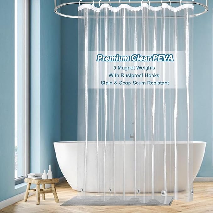 EurCross Heavy Duty Clear Shower Curtain Liner with 5 Magnet Weights, Waterproof PVC-Free PEVA Clear Plastic Shower Curtain for Bathroom 72 x 72 inches
