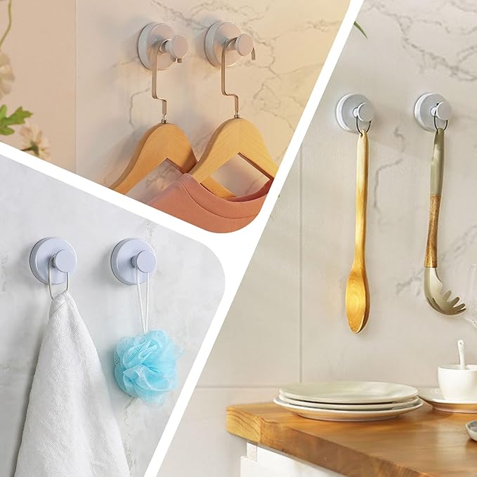 Suction Cup Hooks for Shower, 4 Pcs Stainless Steel Wall Shower Hooks for Bathroom Kitchen, Glass, Mirror,White