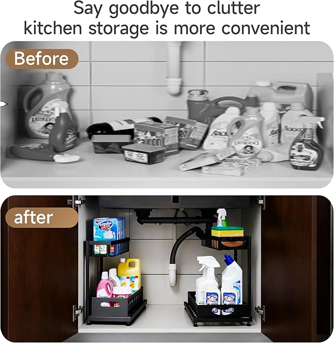 2 Pack Pull-Out Storage Basket Under Sink Organizers Under Sink Storage Racks For Kitchen Cabinet,Bathroom,Storage Box, Black