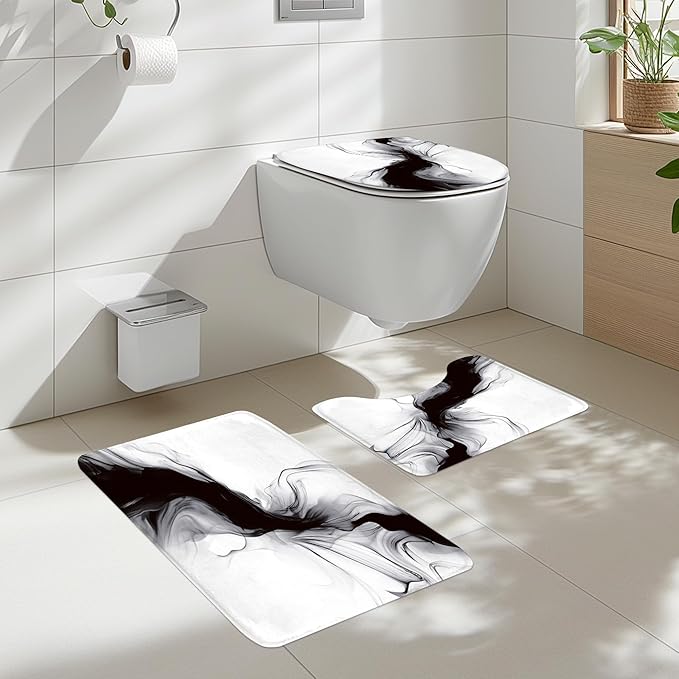 Cinbloo 4Pcs Black White Shower Curtain Set, Abstract Modern Ombre Grey Bathroom Curtain with Rug, Toilet Lid Cover, Bath Mat, Minimalist Marble Women Girls Ink Texture Shower Curtain with 12 Hooks