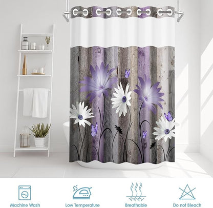 No Hook Rustic Farmhouse Shower Curtain with Snap in Fabric Liner Set, Purple Daisy Flowers and Butterfly on Wooden Double Layers Waterproof with See Through Top Bath Curtain 71x74 Inch