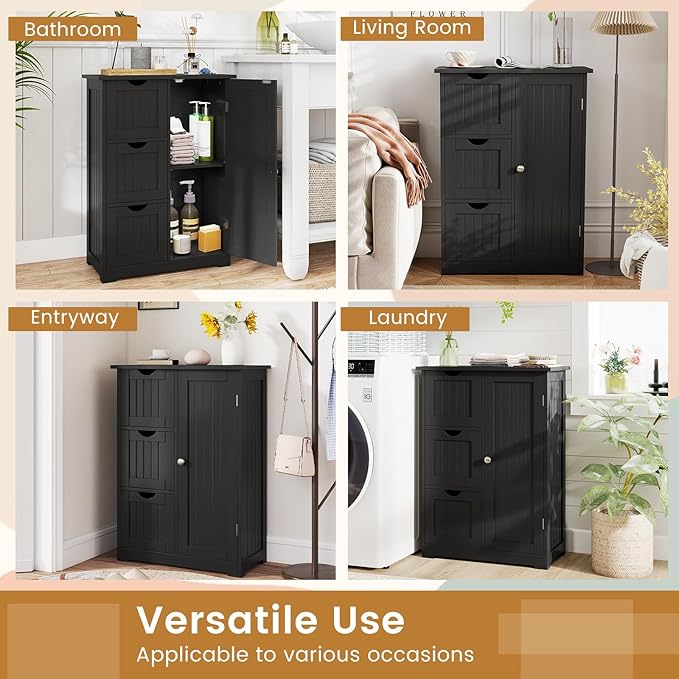 Tangkula Bathroom Floor Cabinet, Freestanding Storage Cabinet with 3 Drawers & Single Door, Adjustable Shelf, Multipurpose Bathroom Storage for Home Office, 23.5 x 12 x 32 Inches (3 Drawers, Black)