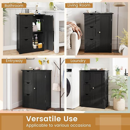 Tangkula Bathroom Floor Cabinet, Freestanding Storage Cabinet with 3 Drawers & Single Door, Adjustable Shelf, Multipurpose Bathroom Storage for Home Office, 23.5 x 12 x 32 Inches (3 Drawers, Black)