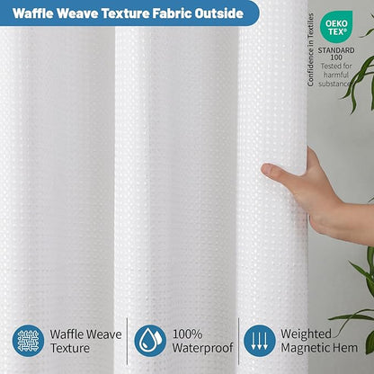 2-in-1 Waterproof Fabric Shower Curtain - No Separate Liner Needed, Hotel-Style Waffle Weave, Effortless Cleaning & Washable Bathroom Shower Curtain Set,72Wx84H,White