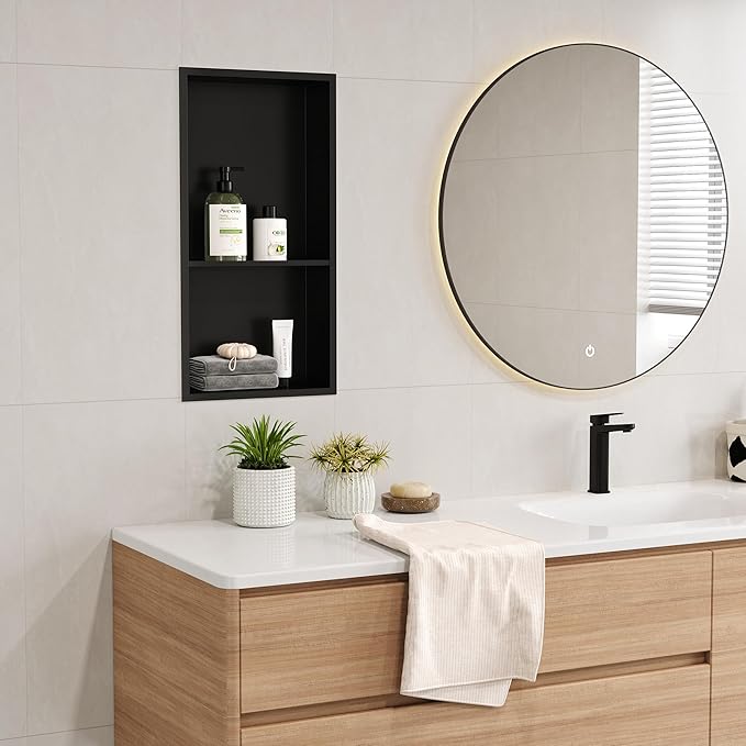 Neodrain No Tile Shower Niche, Stainless Steel Wall Cabinet 25.1"X13.1"(Inner Size 24"X12"), Two-Tier Bathroom Shelf, NO Tile Needed Recessed Niche Shower for Bathroom Storage, Matte Black
