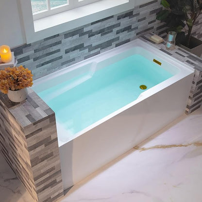 WOODBRIDGE 54" Acrylic Rectangular Alcove Soaking Bathtub in White with Right Drain, Brushed Gold Pop-Up Drain Included BA5430R