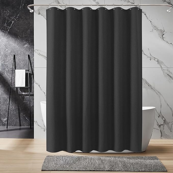 Inhousolu Fabric Shower Curtain Waffle Weave, 230 GSM Heavy Duty, Weighted Hem, 14 Metal Hooks, Water Repellent, Machine Washable, Hotel Spa Luxury Bath Curtain Set, 72 x 96 Inch, Black