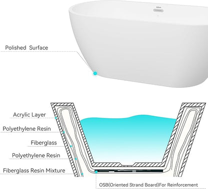 FerdY Nauru 59" Freestanding Bathtub,Gracefully Shaped Freestanding Soaking tub, Glossy White, cUPC Certified, Chrome Drain & Classic Slooted Overflow Assembly Included