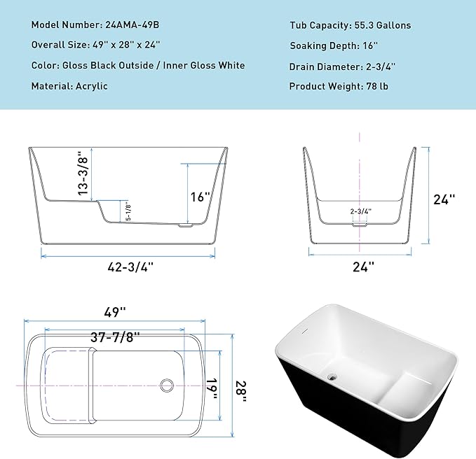 Abruzzo 49"Acrylic Free Standing Tub,Janpanese Soaking Tub with Seat Desgin,Modern Soaking Bathtub with cUPC Certified(Glossy Black)
