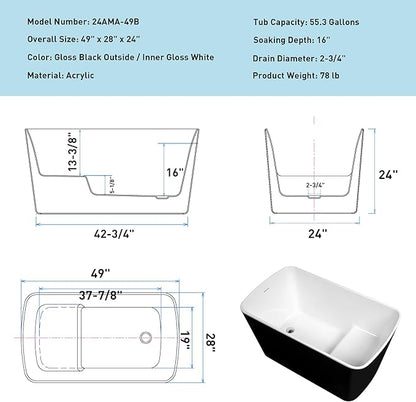 Abruzzo 49"Acrylic Free Standing Tub,Janpanese Soaking Tub with Seat Desgin,Modern Soaking Bathtub with cUPC Certified(Glossy Black)