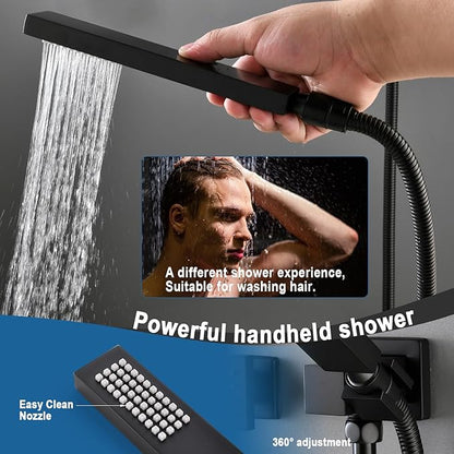 Enga Matte Black Rain Shower System with 4 Body Jets 12inch Wall Mount Rainfall Shower, All Metal Multi Shower Head System with Rough-in Valve