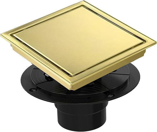 6 Inch Square Shower Floor Drain, Shower Drain Kit with Flange and 2 in 1 Tile-Insert Cover, Square Shower Drain, SUS 304 Stainless Steel Floor Drain,Brushed Gold
