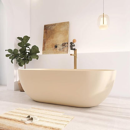 69" Premium Cream Stone Resin Solid Surface Free Standing Bathtub, Unique Matte Milk-Coffee Soaking Tub with Pop-up Drain