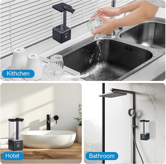 Automatic Soap Dispenser Touchless, Soap Dispenser Bathroom, Large Transparent Reservoir&Wall Mount, Type-C Rechargeable&3-Level Adjustable, Water-Resistant, Kitchen, Hotel, and School, Black