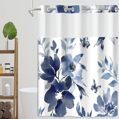 No Hook Shower Curtain with Snap in Liner for Bathroom,with See Through Top Window,Double Shower Curtain Set with Detachable Fabric Liner Replacement, Machine Washable, Blue Flower, 71"x 74"