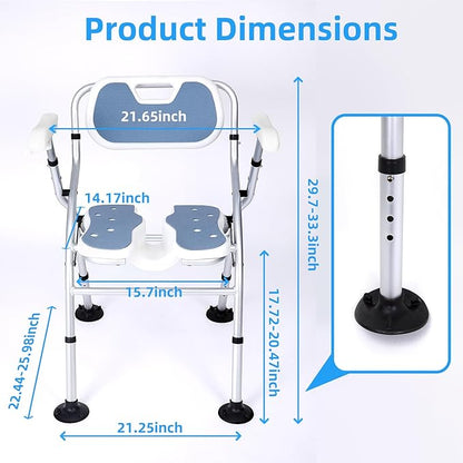 Shower Chair for Inside Shower,Foldable Shower Chair for Elderly and Disabled, Adjustable Height Chairs with Padded Arms and Back for Bathroom,Compact and Comfortable ,Extra Wide U-Shape