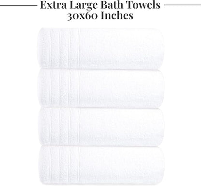 Tens Towels Pack of 4 Extra Large Bath Towels 30 x 60 Inches, 100% Cotton, Larger & Lighter Weight, Quicker to Dry, Super Soft and Absorbent, Perfect for Bathroom, White