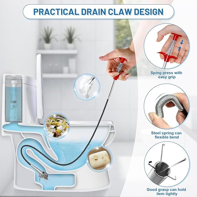 Drain Snake,116 inch Flexible Grabber Claw Pick Up Reacher Tool,Drain Clog Remover - Gutter Cleaning Tools for Home Sink, Bathroom Tub,Drain, Toilet