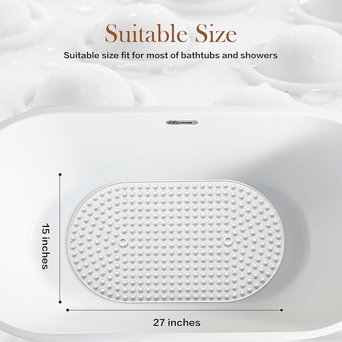 Silicone Bath Mat for Tub Non Slip, Bubble Massage Anti Slip Shower Mat with 27 x 15 Inches for Easy Storage, Washable Bathtub Floor Mats for All Ages, White, Oval