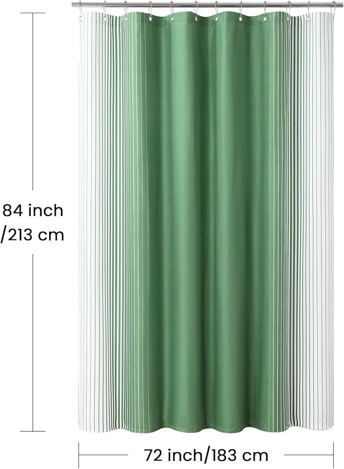 Extra Long Green Shower Curtain, Sage Green and White Gradient Vertical Stripe Waterproof Polyester Shower Curtains for Bathroom, 72x84 Inches