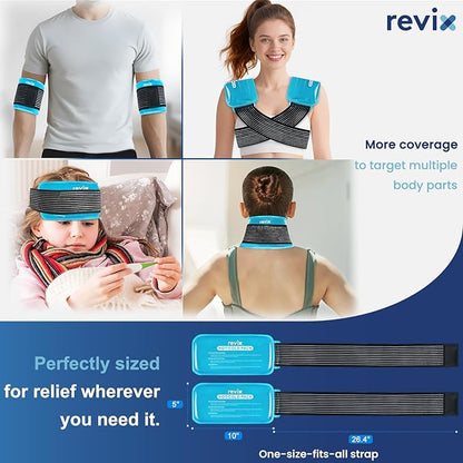 REVIX Ice Packs for Injuries Reusable, 2 Packs Hot & Cold Gel Ice Packs with PVC Cooling Design & Adjustable Strap, Flexible Therapy on Joints, Muscles, Shoulder, Back and Knee (10" x 5" Blue)