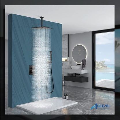 Aolemi Matte Black Ceiling Mount Rain Shower Head with Handheld Spray and High Pressure Faucet Set, Includes 16 Inch Shower Head and Trim Kit