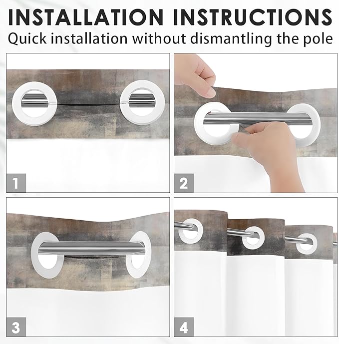 No Hook Grey Brown Painting Shower Curtain with Snap in Fabric Liner Set, Beige Abstract Double Layers Waterproof Fabric with See Through Top Window Open Grommet Bath Curtain 71x74 Inch