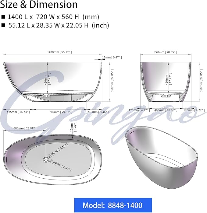 Cpingao 55" Stone Resin Freestanding Bathtub Contemporary Soaking Matte White Tub with Drain and Overflow, 8848-1400