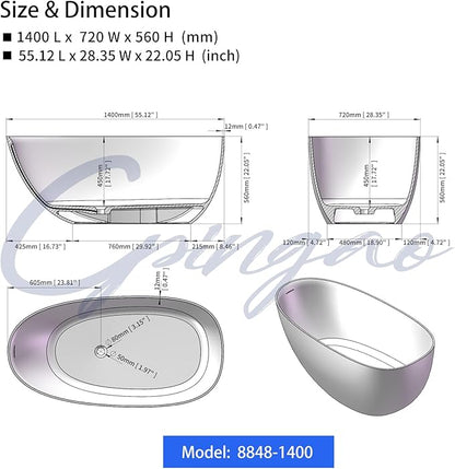 Cpingao 55" Stone Resin Freestanding Bathtub Contemporary Soaking Matte White Tub with Drain and Overflow, 8848-1400